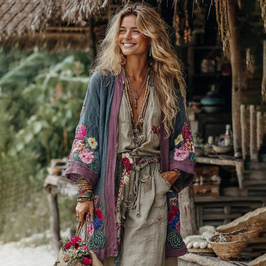 Comstylish Vintage Bohemian Floral Art Embroidery Print Cotton And Linen Blend Midi-length Kimono Cardigan
