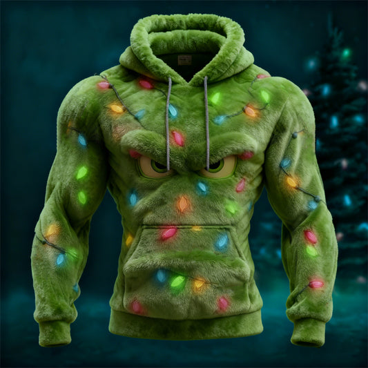 Comstylish Men's Christmas Monster Eyes Colorful Lights Cozy Plush Hoodie