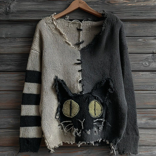Halloween Green-eyed Black Cat Patchwork Knitted V-neck Sweater