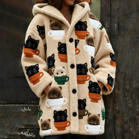 Comstylish Women's Cute Cat Coffee Cup Graphic Cozy Hooded Knit Cardigan