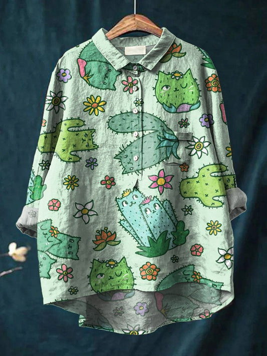 Vintage Lovely Cats Floral Art Print Casual Cotton And Linen Shirt