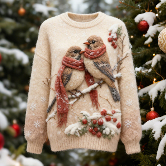 Christmas Scarf Birds Women's Soft Knit Sweater