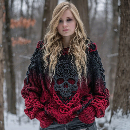 Women's Women's Halloween Rose Celtic Skull Gradient Art Knit Jacquard Crew Neck Sweater elevenforest