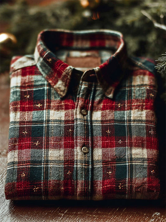 Vintage Stars Embroidered 70s Christmas Plaid Linen Shirt artswardrobe