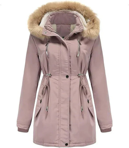 JO | long coat with faux fur hood and fleece lining