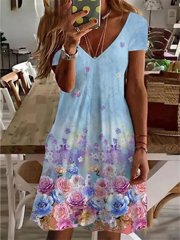 KS | Women's Sundress Midi Dress Short Sleeve Floral Print Summer Casual V Neck Loose Dresses Plus Size 2024 Women's Clothing Vestidos