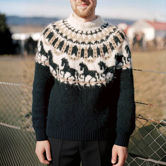 Retro Casual Horse Knit Icelandic Crew Neck Sweater elevenforest