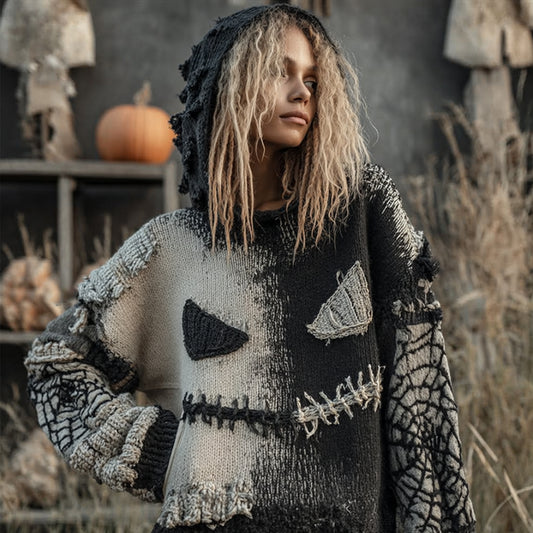 Women's Halloween Pumpkin Face Black And White Retro Stitching Hooded Sweater elevenforest