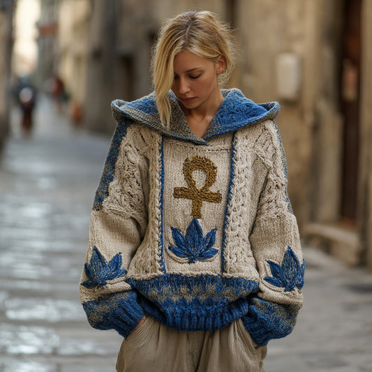 Women's Ancient Egyptian Ankh And Lotus Knitted Hooded Sweater elevenforest