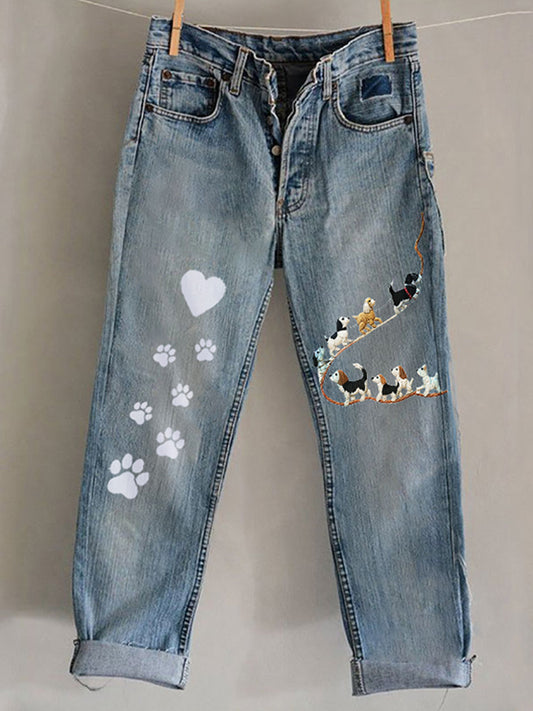 Comstylish Funny Animal Embroidered Print Jeans