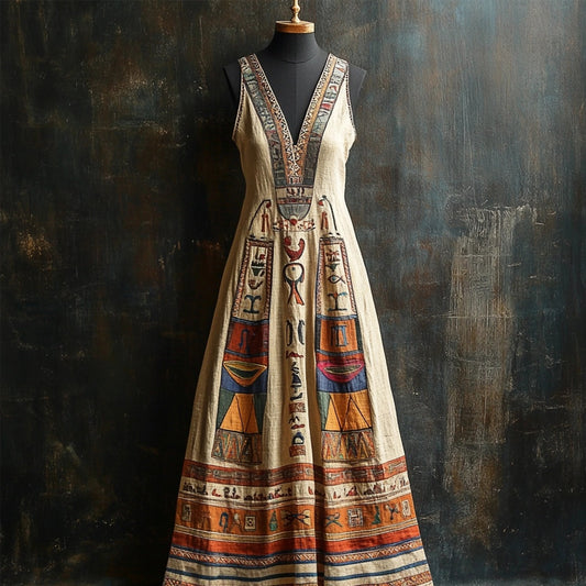 Ancient Egyptian Elements Inspired Linen Maxi Dress artswardrobe