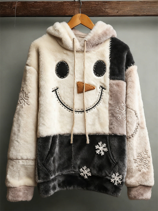 Comstylish Vintage Snowman & Snowflakes Contrast Patchwork Cozy Plush Hoodie