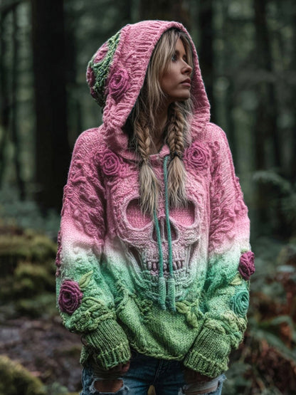 Women's Vintage Viking Skull And Rose Gradient Art Knit Hooded Sweater elevenforest
