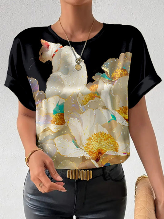Comstylish Cute Cat & Flowers Art Graphic Comfy T Shirt