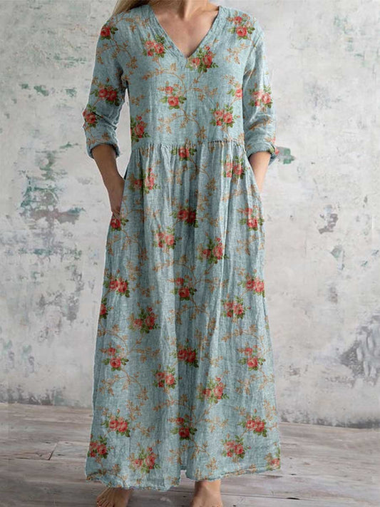 Women's Elegant Floral V-Neck Cotton Dress