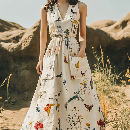Women's Vintage Floral Art Cotton And Linen Pocket Dress artswardrobe