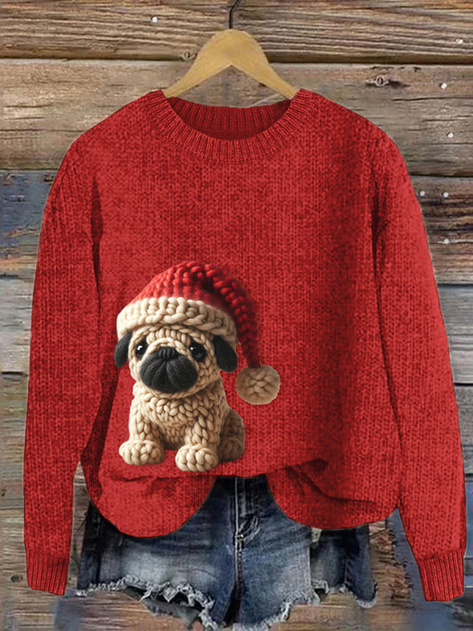 Comstylish Christmas Pug Dog Crochet Art Cozy Knit Sweater