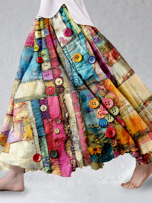 Colorful Boho Patchwork Flowy Linen Blend Wide Skirt artswardrobe