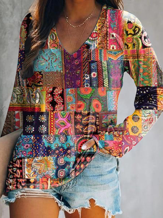 Women's Casual Vintage Ethnic Floral Art Print V Neck Long Sleeve Tops