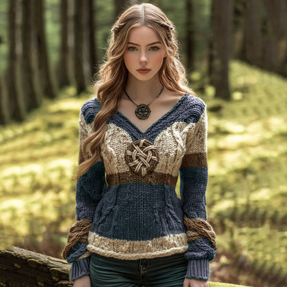 Vintage Contrast Jacquard V-neck Knit Sweater artswardrobe