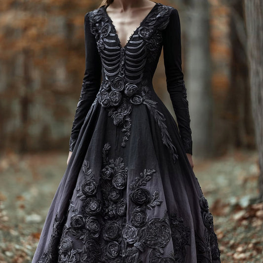 Comstylish Classy Skeleton & Roses Embroidered V Neck Flowy Maxi Dress