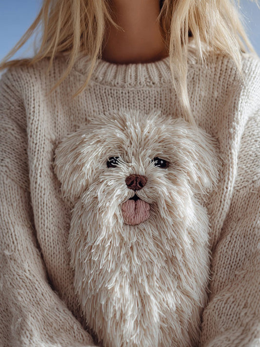 Comstylish Cute Fuzzy Dog Embroidered Crew Neck Cozy Sweater
