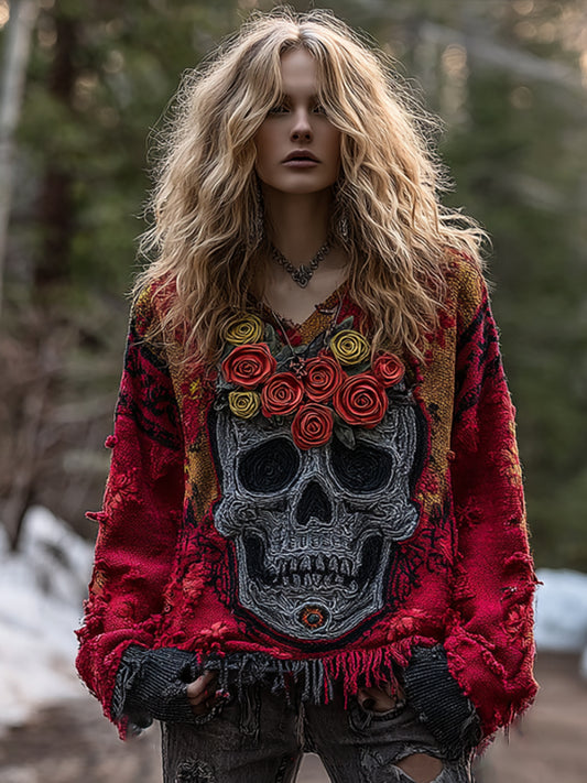 Women's Vintage Rose Skull-print Distressed V-neck Top artswardrobe
