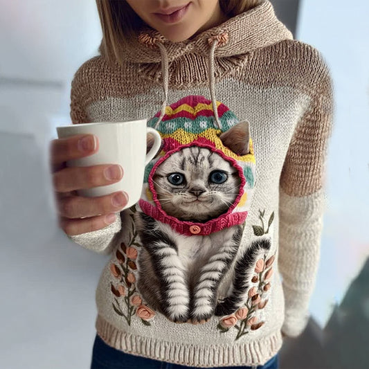 Comstylish Women's Cute Winter Strawberry Cat Art Knitted Warm Sweater