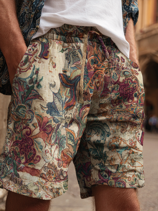 Western Bohemian Style Plant And Flower Pattern Retro Cotton And Linen Loose Men's Shorts artswardrobe