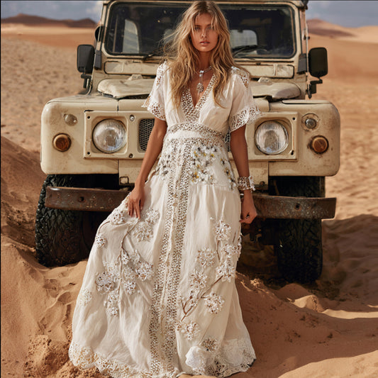 Bohemian-style Western Art Three-dimensional White Embroidered Bead Embroidery V-neck Short-sleeved Long Dress artswardrobe