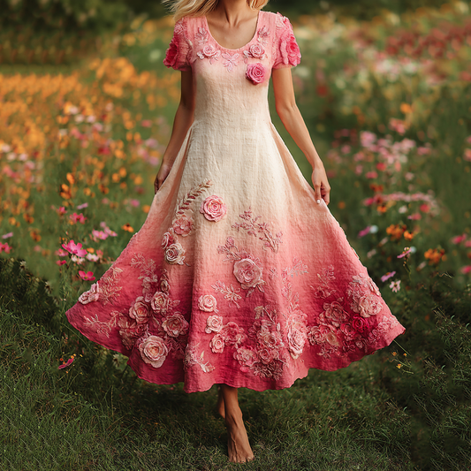 Pink Floral Embroidered Gradient Linen Maxi Dress artswardrobe