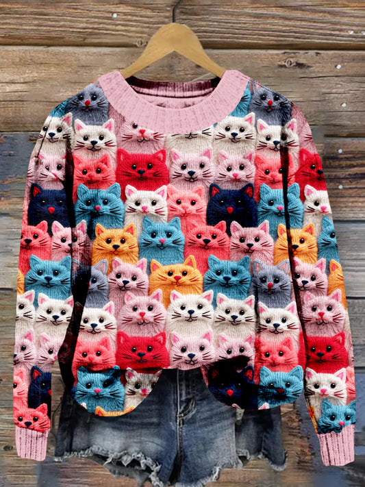 Comstylish Colorful Cute Cats Embroidered Cozy Sweater