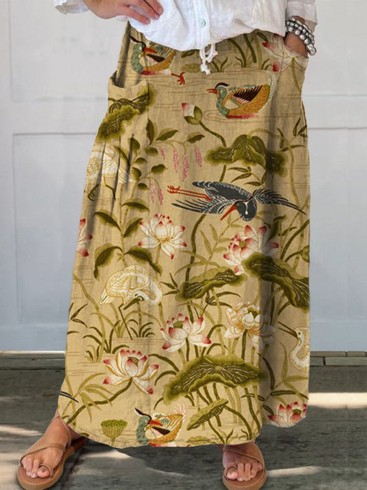 Elegant Ink Painting Lotus Flowers And Leaves Printed Women's Casual Cotton And Linen