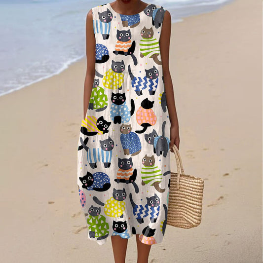 Women's Vintage Floral Cat Art Print Sleeveless Wrap Dress artswardrobe