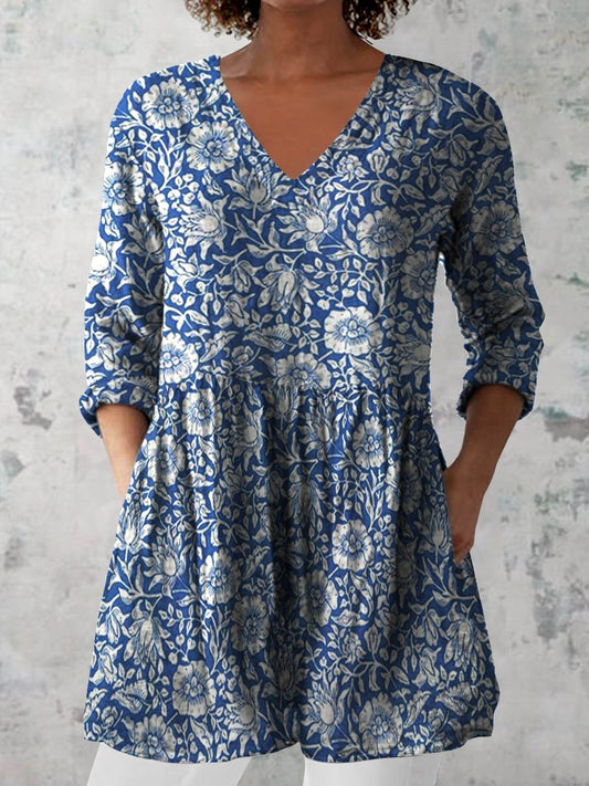 Women's Retro Floral Art Print Casual Cotton And Linen V-neck Top