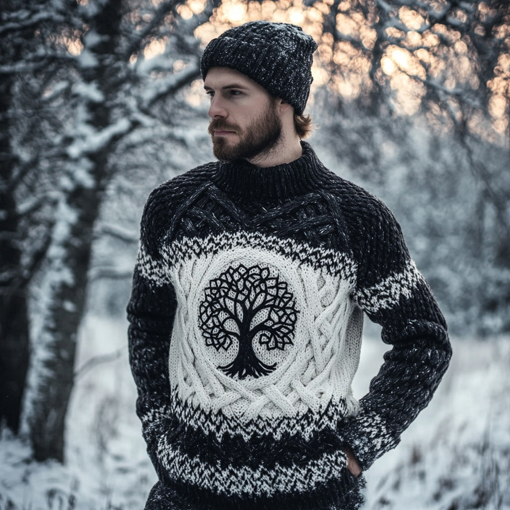Men's Viking Celtic Tree Of Life Jacquard Contrast Sweater artswardrobe
