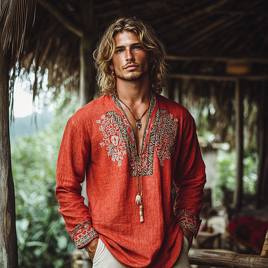 Men's Retro Bohemian Linen Printed Casual Long Sleeve Tops artswardrobe