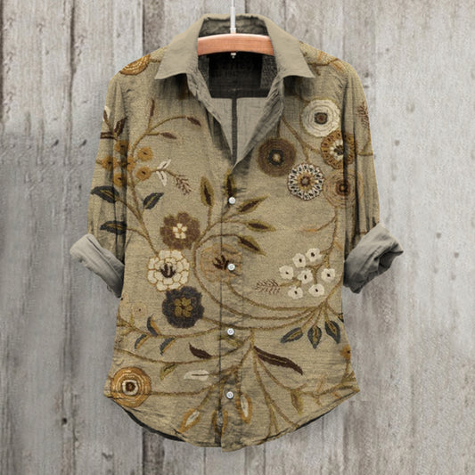 Comstylish Retro Floral Art Print Long Sleeve Cotton And Linen Shirt