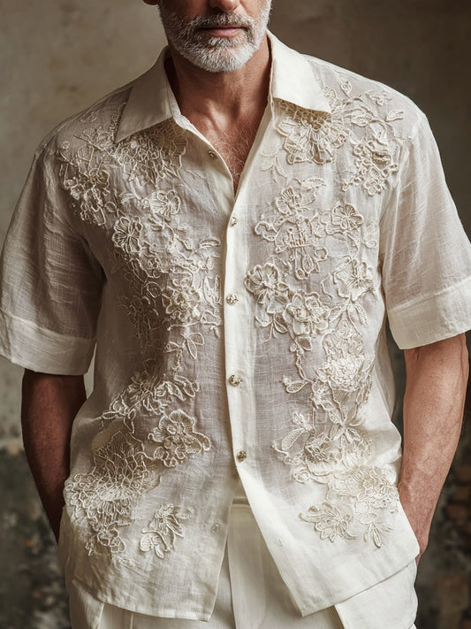 Men's Floral Lace Embroidered Short Sleeve Linen Shirt artswardrobe