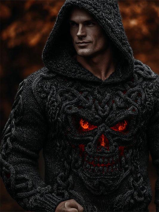 Men's Halloween Skull Celtic Chunky Cozy Knit Hooded Sweater elevenforest
