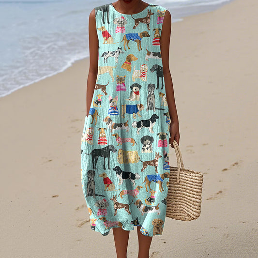 Women's Retro Cute Dogs Art Print Tank Dress artswardrobe