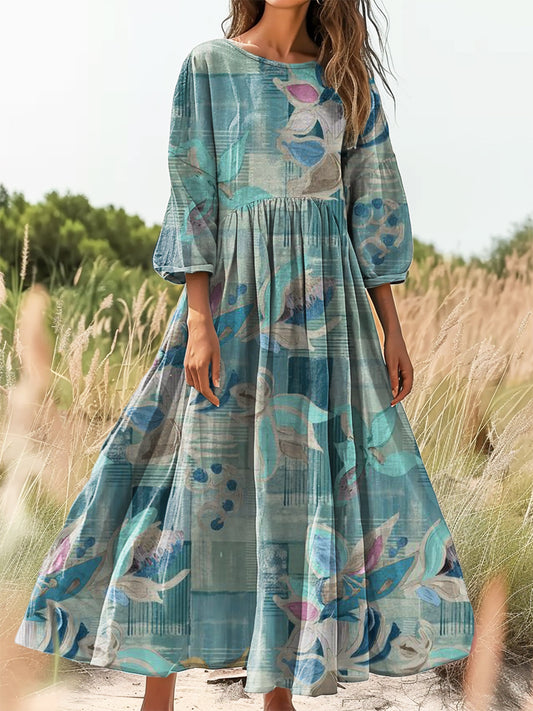 Women's Vintage Floral Art Print Flowy Cotton Crew Neck Dress