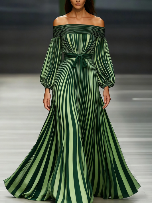 Women's off-the-shoulder long-sleeved green chiffon dress