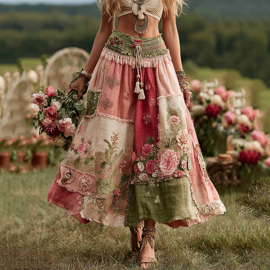 Vintage Boho Rose Floral Patchwork Art Flowy Linen Skirt artswardrobe