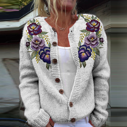 Vintage Embroidery Floral Art Knit Button Sweater artswardrobe