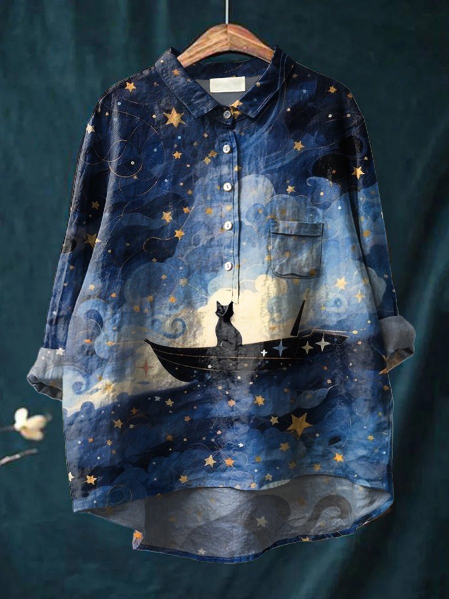 Women's Beautiful Night Sky Little Black Cat Print Casual Cotton And Linen Shirt