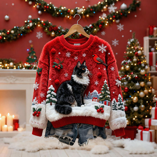 Women's Christmas Cat-themed Plush Sweater
