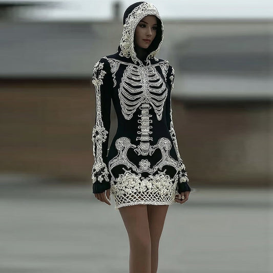 Comstylish Women's Vintage Halloween Skeleton Bones With Rose Art Cozy Knit Hooded Sweater Dress