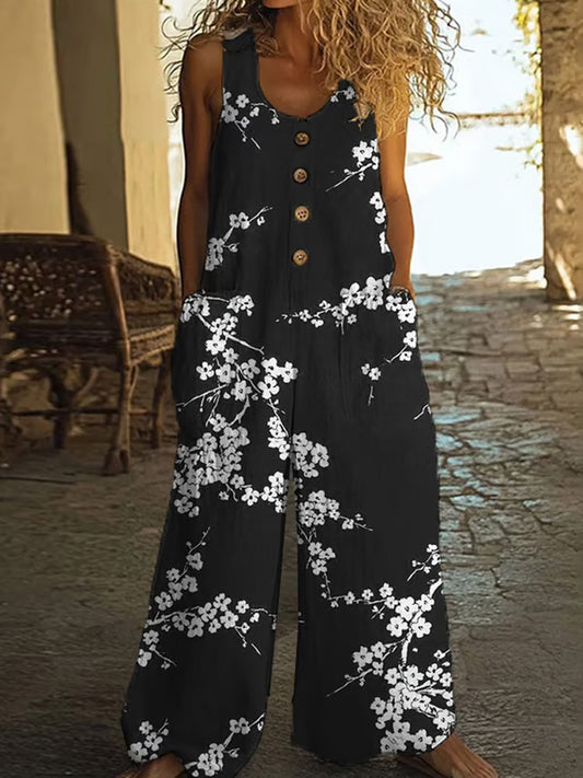 Fashionable And Casual Cotton And Linen Floral Art Jumpsuit artswardrobe