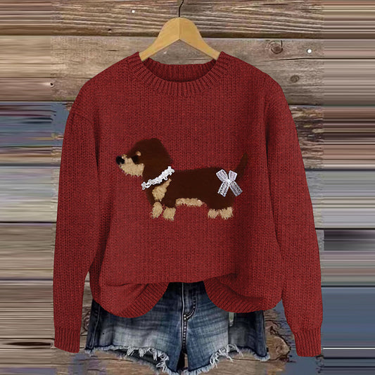 Comstylish Cute Dog Print Knitted Pullover Sweater